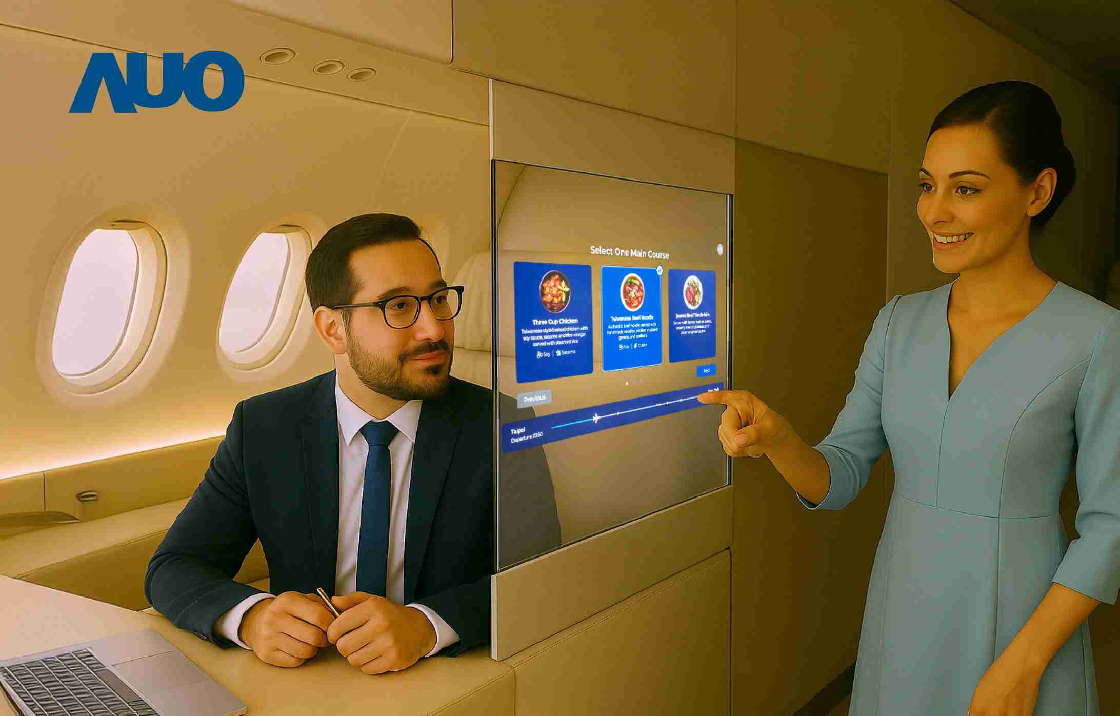 28国际研发全球最薄17.3 吋双面透明 Micro LED 显示器，，，，可在同一屏幕之双边投射不同信息，，创造独特的”透明化”互动；图为实时翻译交流应用情境